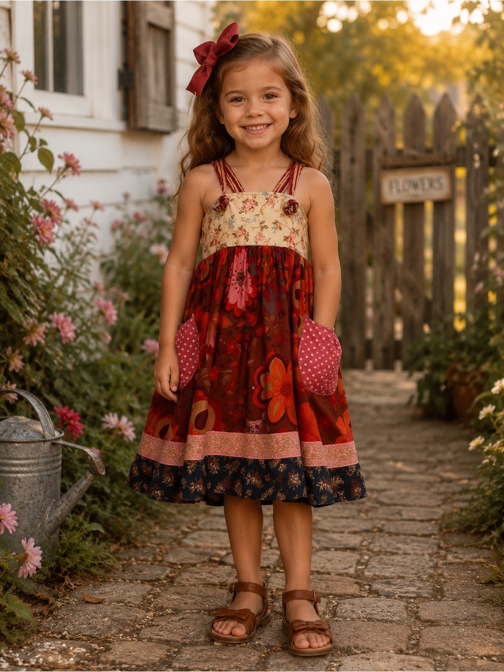 Matilda Jane Apron Patchwork Sundress Boho Floral Pockets Red Pink Youth Girls 8